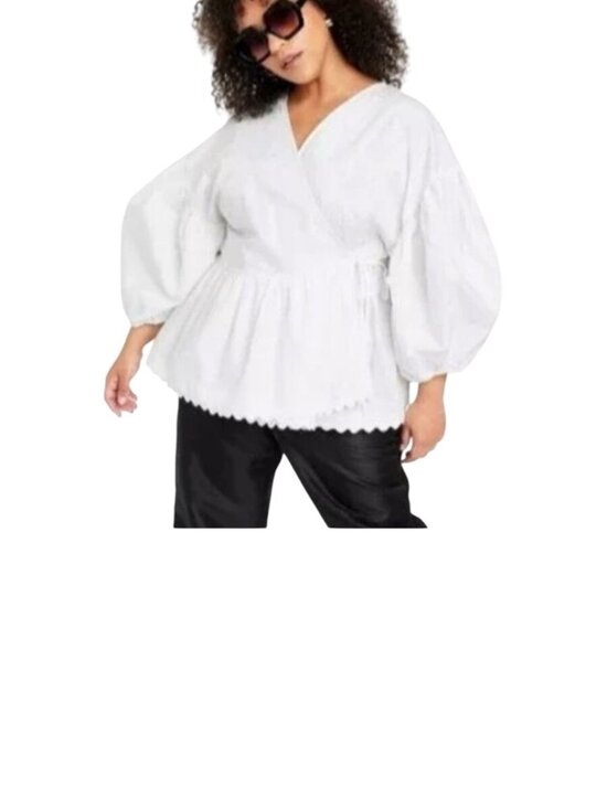 Kika Vargas Tops - Kika Vargas 3XL Target White Puff Sleeve Wrap Scallop Edge Blouse Summer Cotton